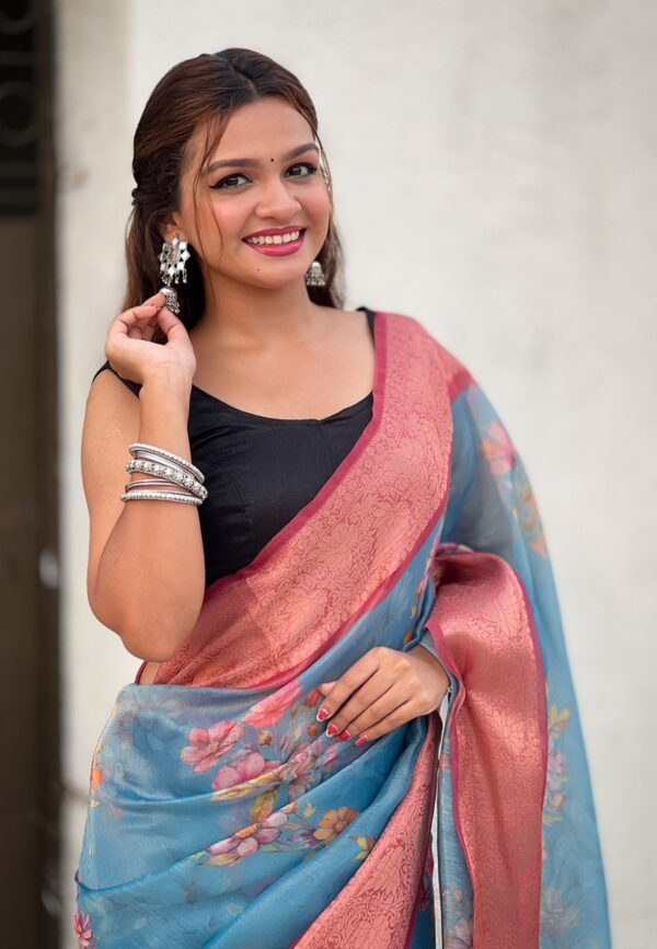 Sea Blue Tissue With Floral Prints Zari Woven Jacquard Saree