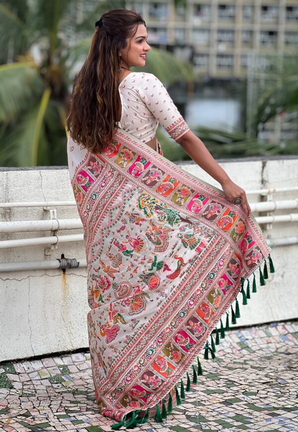 Cream Pashmina Kashmiri Saree - Image 3