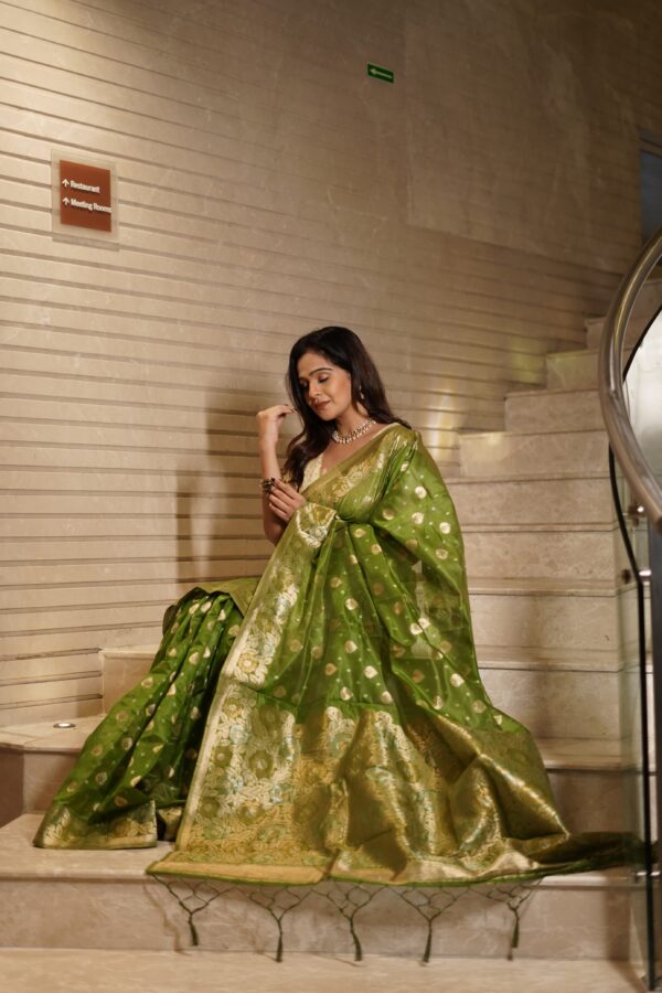 Mehndi Green Organza Sarees With Small Floral Weaves