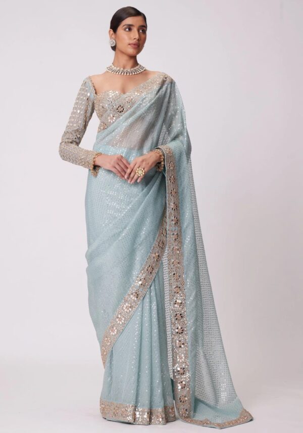 Bollywood BlockBuster Orignal Mirror And Sequence Work Design Georgette Saree - Image 4