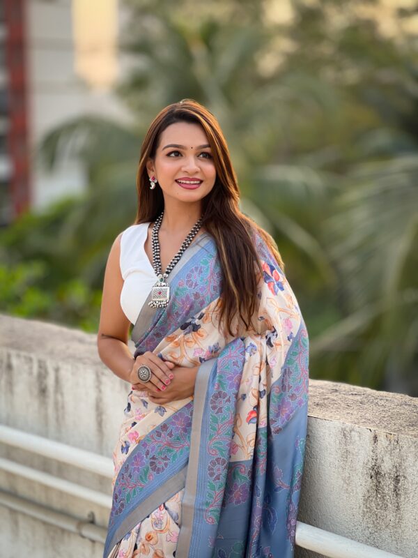 Tussar Silk Kalamkari Printed Saree with Zari Woven Border