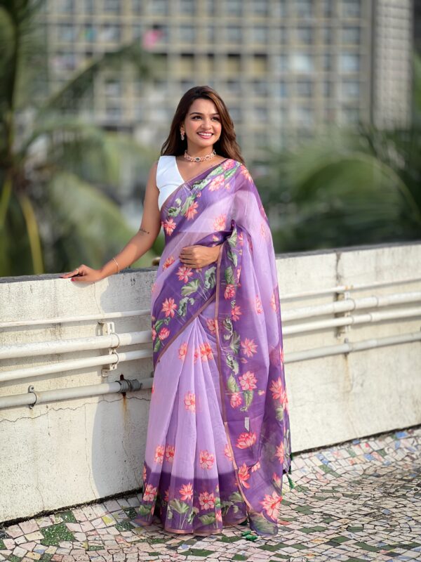 Lavender Chanderi Cotton Pichwai Printed Saree - Image 5