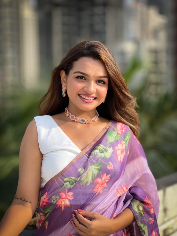 Lavender Chanderi Cotton Pichwai Printed Saree - Image 3