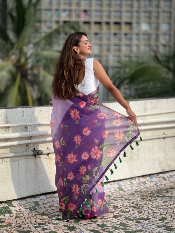 Lavender Chanderi Cotton Pichwai Printed Saree - Image 4