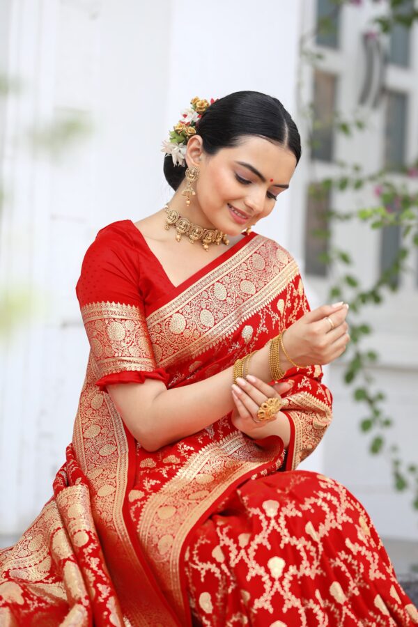 Red Banarasi Mushroom Satin Silk Sarees With Zari Weaving
