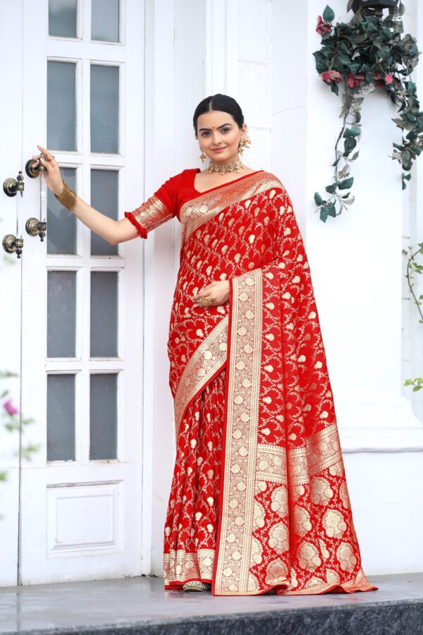 Red Banarasi Mushroom Satin Silk Sarees With Zari Weaving - Image 2