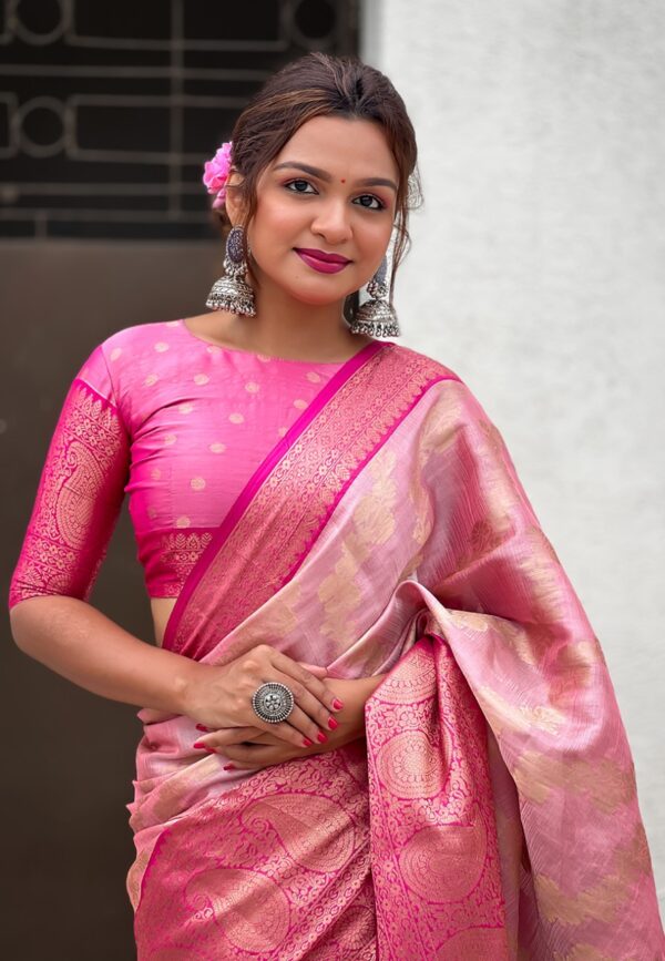 Baby Pink Kanjivaram Tissue Traditional Zari Voven Sarees - Image 2