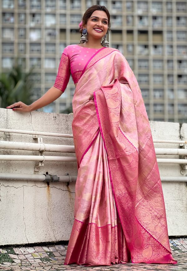 Baby Pink Kanjivaram Tissue Traditional Zari Voven Sarees - Image 5