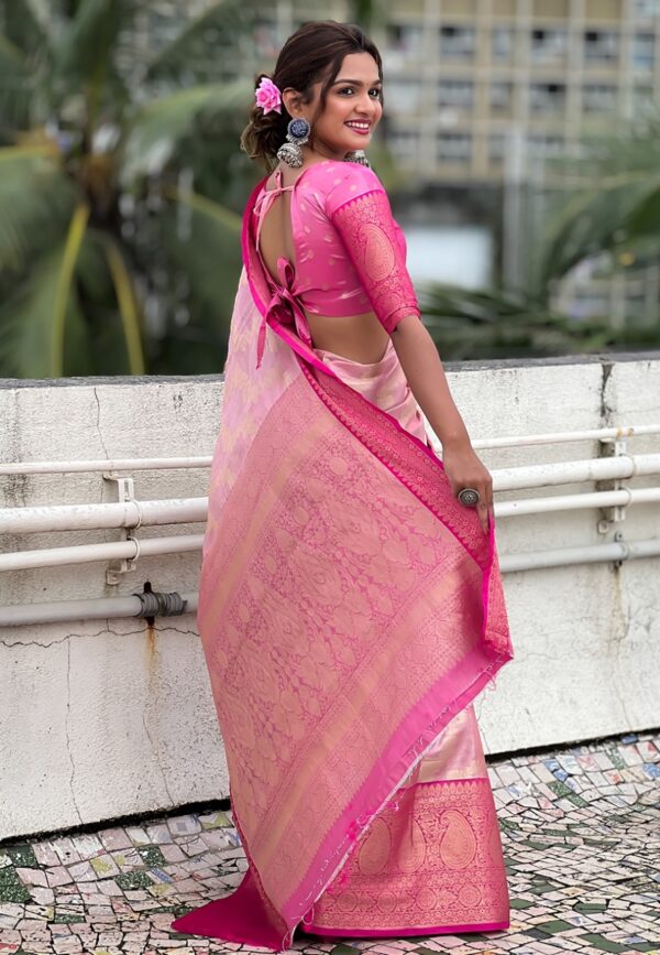 Baby Pink Kanjivaram Tissue Traditional Zari Voven Sarees - Image 4