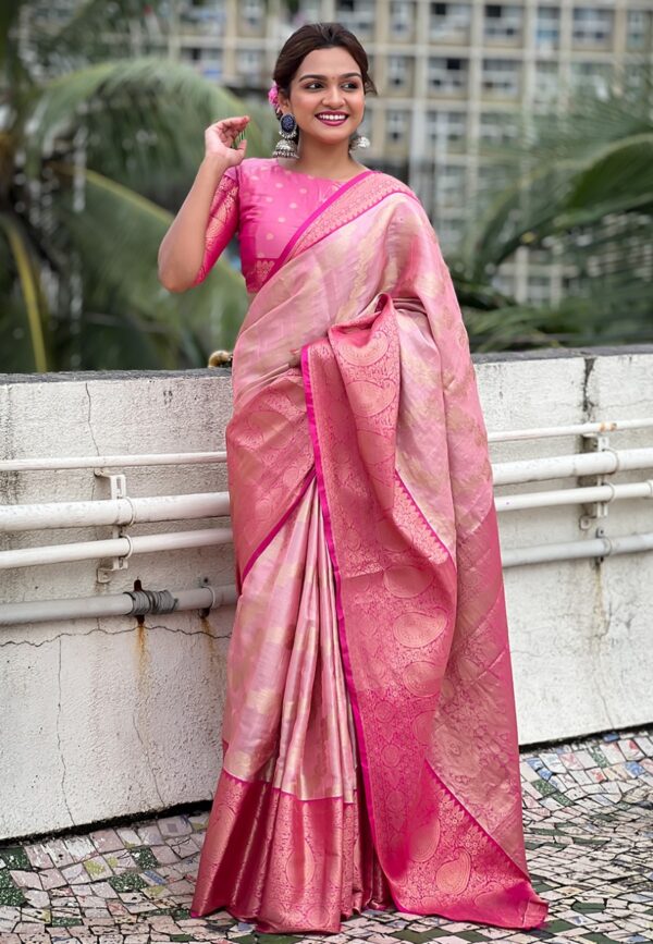 Baby Pink Kanjivaram Tissue Traditional Zari Voven Sarees - Image 3
