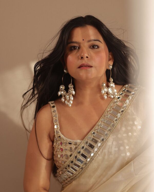 Soft Satin Organza Saree Bedded With Real Mirror Work - Image 4