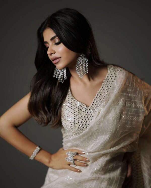 White Organza Saree With Sequence & Thread Work Embroidery - Image 4