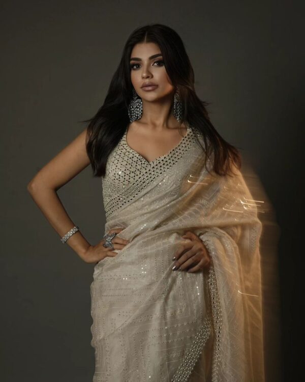 White Organza Saree With Sequence & Thread Work Embroidery