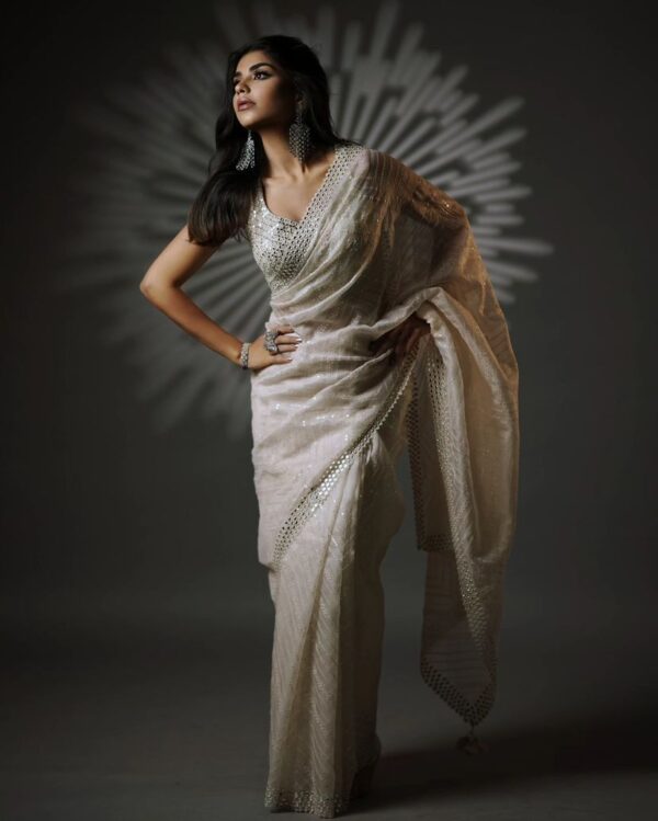 White Organza Saree With Sequence & Thread Work Embroidery - Image 3