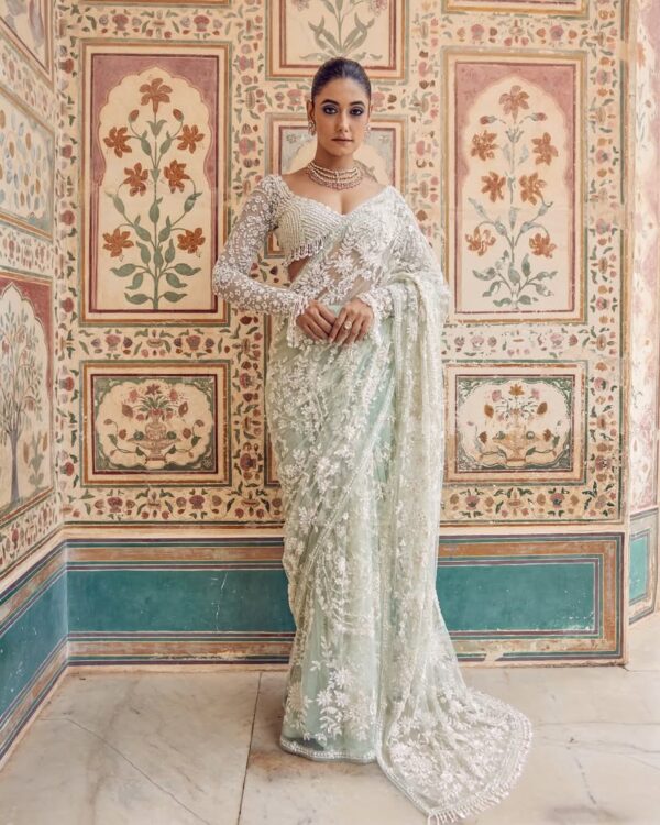 Heavy Mono Net Sequence Embroidery Work Saree - Image 3