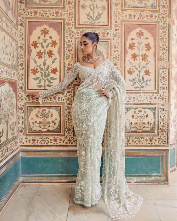 Heavy Mono Net Sequence Embroidery Work Saree - Image 2