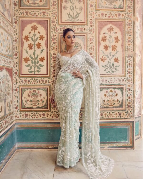 Heavy Mono Net Sequence Embroidery Work Saree - Image 4