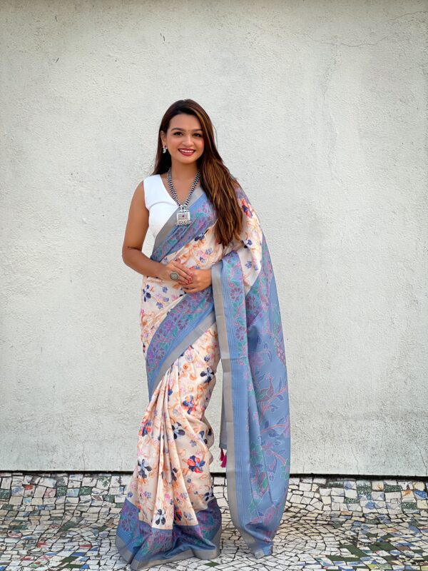 Tussar Silk Kalamkari Printed Saree with Zari Woven Border - Image 3
