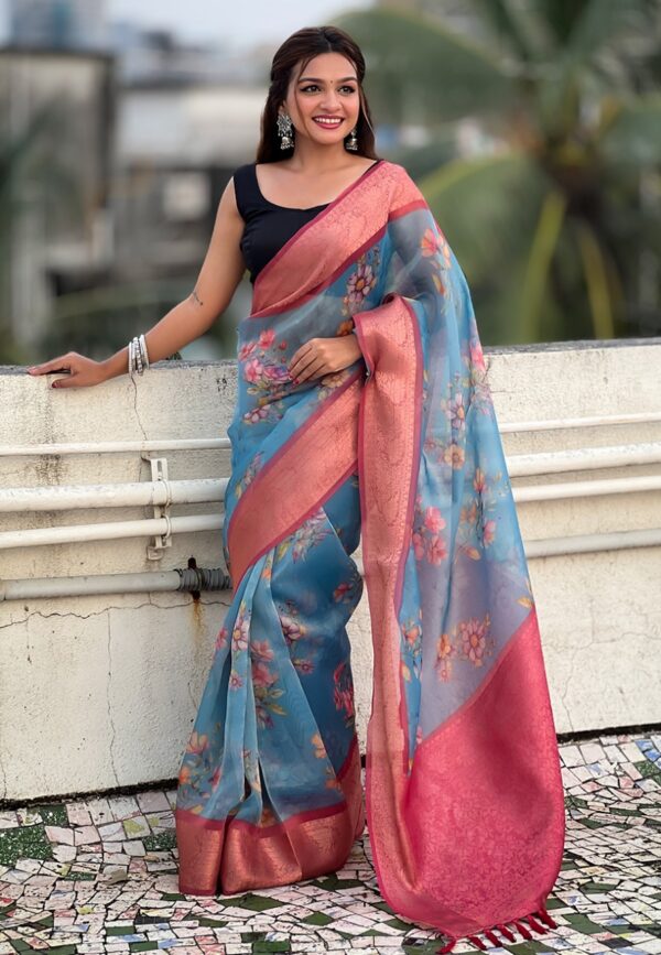 Sea Blue Tissue With Floral Prints Zari Woven Jacquard Saree - Image 4