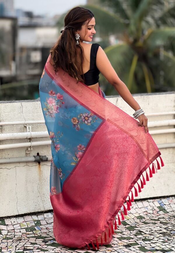 Sea Blue Tissue With Floral Prints Zari Woven Jacquard Saree - Image 3