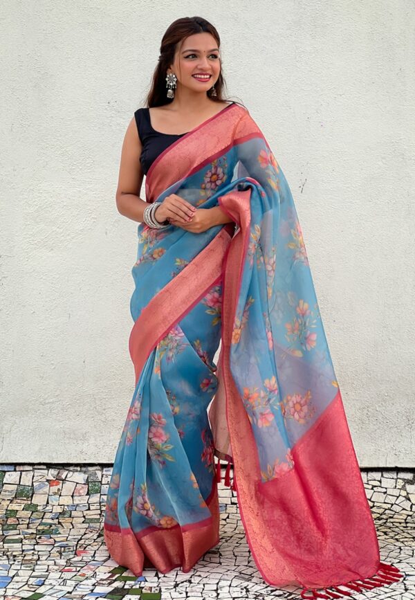 Sea Blue Tissue With Floral Prints Zari Woven Jacquard Saree - Image 2