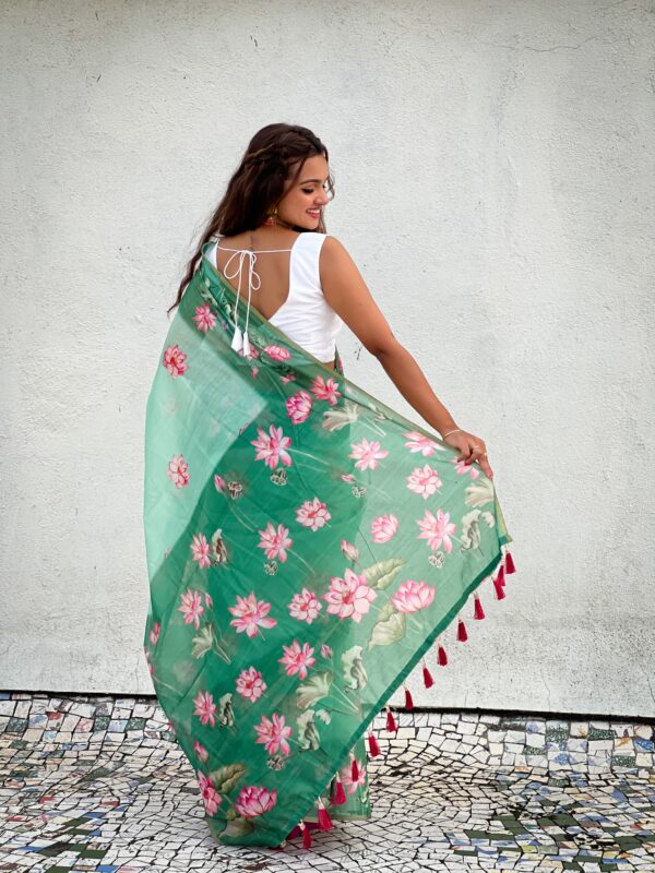 Sea Green Chanderi Pichwai Cotton Saree - Image 2