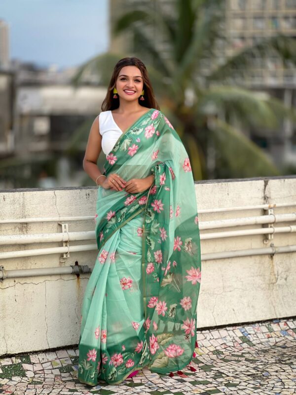 Sea Green Chanderi Pichwai Cotton Saree - Image 3