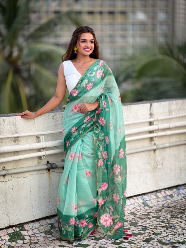 Sea Green Chanderi Pichwai Cotton Saree - Image 4