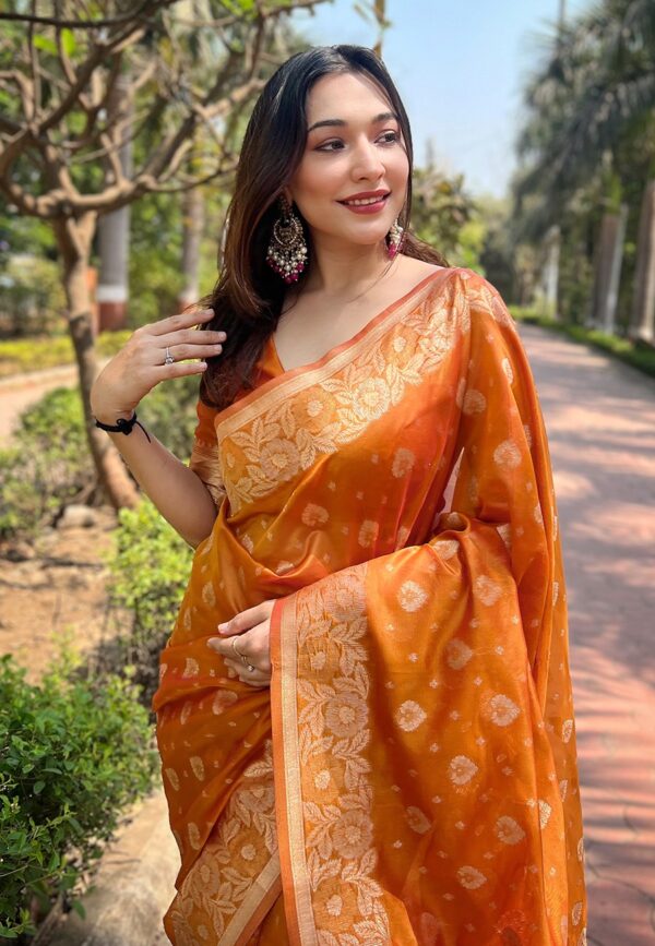 Orenge Organza Silk Sarees with small floral weaves - Image 3