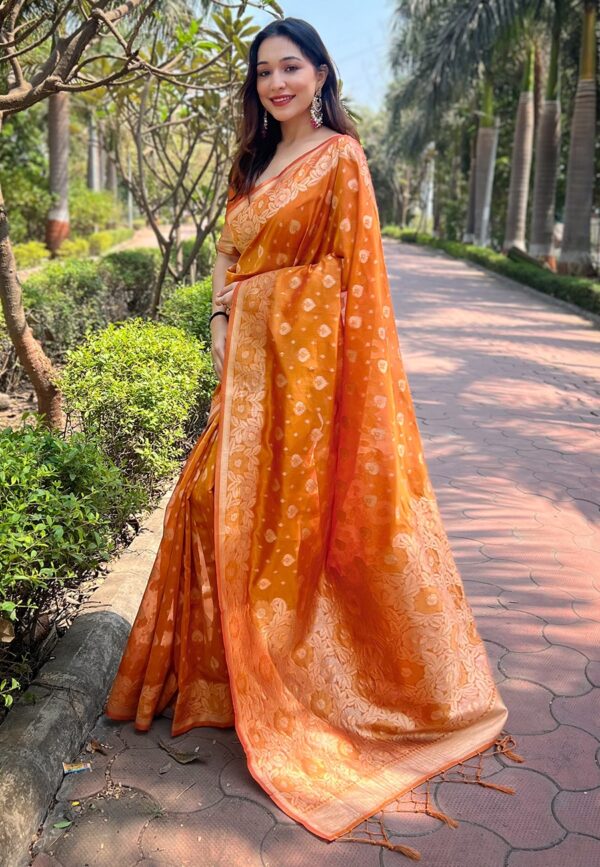 Orenge Organza Silk Sarees with small floral weaves - Image 2