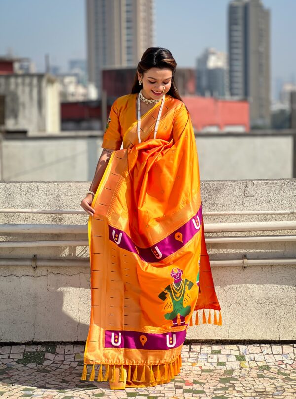 Golden Yellow Vitthala Paithni Soft Silk Saree - Image 2